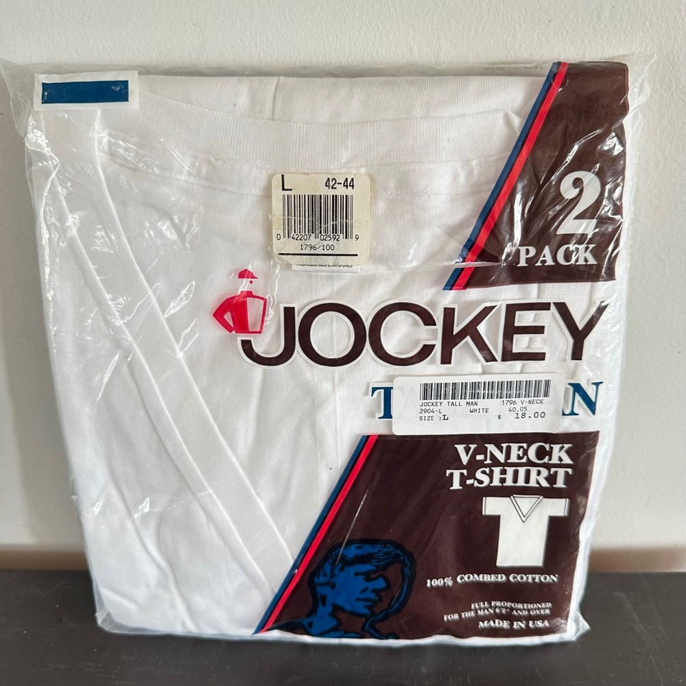 Vintage 80s Jockey Tall Man White V-Neck T-Shirts 2 Pack NOS Deadstock Large USA